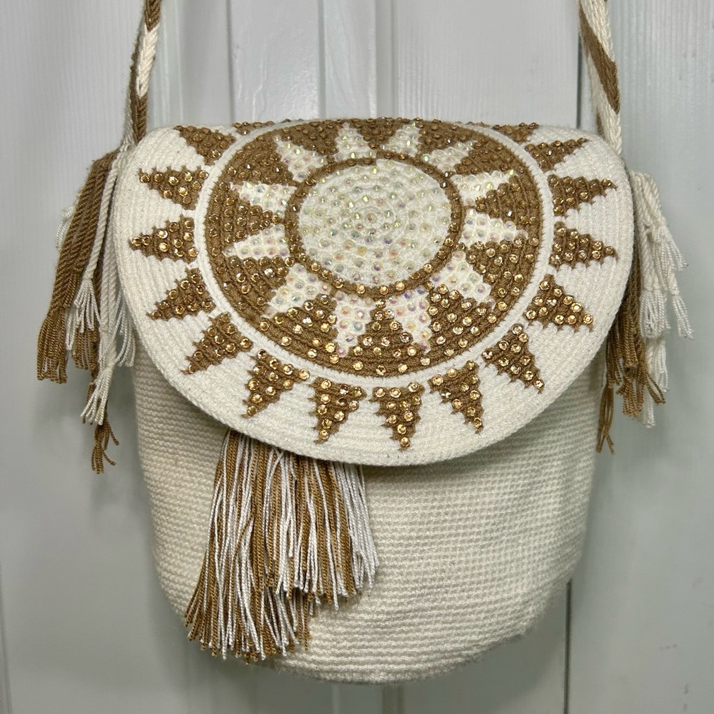 Sunburst Gold & White Beaded Tassle Bohemian Bag Purse